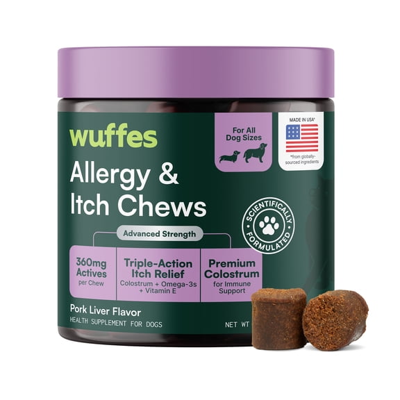 Wuffes Allergy & Itch Soft Chews, Dog Allergy Support with Colostrum, Vitamin E and Omega 3s for Dogs, Non-Drowsy Immune and Itchy Skin Support for All Dogs, 60 Soft Chews (12 oz)