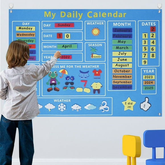 My First Daily Calendar Felt-Board for Toddlers 100x70cm Today Calendar Chart Hanging Board for Wall Date Weather Season Month Preschool Educational Early Learning Play Felt-Board Kit
