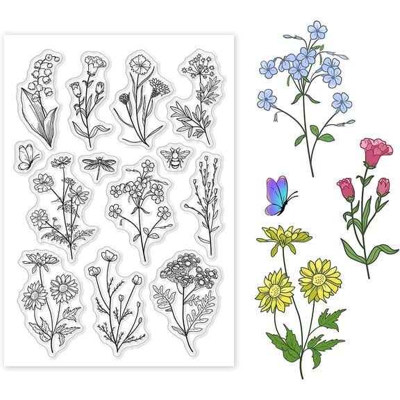 1sheet Wild Flower Clear Stamps for Card Making Decorative Vintage Plants Flowers Leaves Bee Transparent Silicone Stamps for DIY Scrapbooking Supplies
