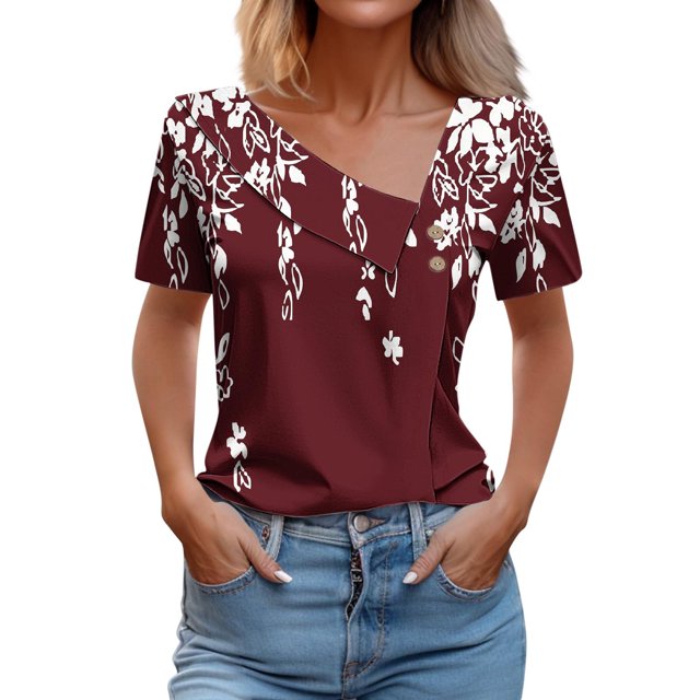 Blouses pour Femmes Imprimées Printemps/été Chemise à Manches Courtes Imprimée Bouton T-shirt Décontracté