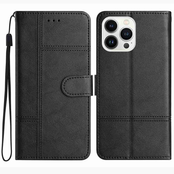 for iPhone 13 Pro Wallet Case, Rugged PU Leather Phone Cover with 2 Card Slots & Cash Pocket & Wrist Strap & Kickstand Shockproof Soft TPU Protective Case, Black