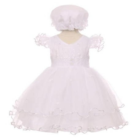 Baby Girls White Precious Ruffle Sleeves Christening Baptism Bonnet Dress