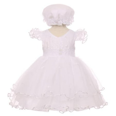 Baptism Bonnet - Baby Girls White Precious Ruffle Sleeves Christening Baptism Bonnet Dress 3-24M