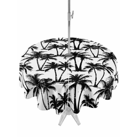 Outdoor Tablecloth with Umbrella Hole Zipper Black Palm Tree Round Tablecloth 54" Waterproof Outside Table Cloth Summer Tropical Tree Coastal Beach Patio Table Cover Tablecloths for Picnic Party