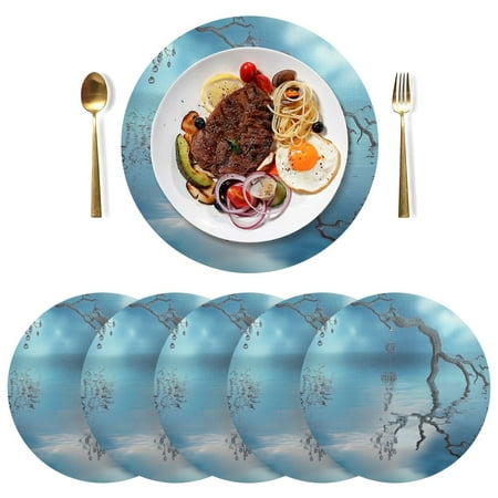 

Round Placemats Plate Mats 15 Inch Non-Slip Heat Resistant Washable PVC Set Table Decoration for Kitchen Dining Blue Sky Water and Dead Tree