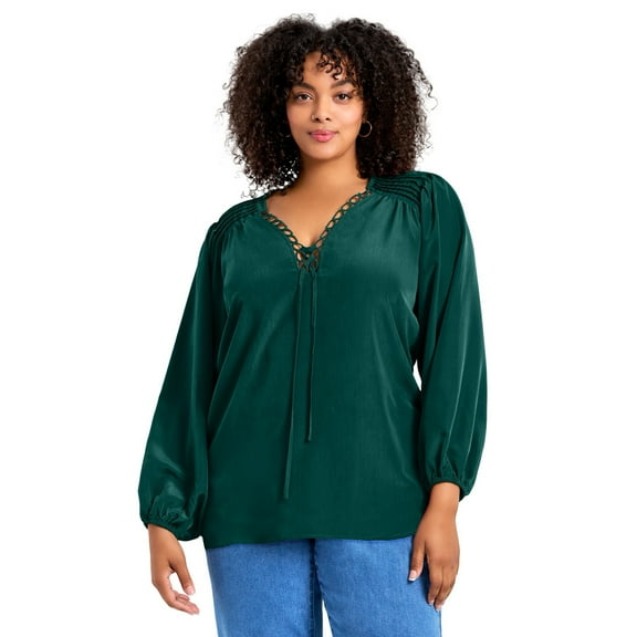 Avenue Women's Plus Size Scallop Trim Peasant Blouse