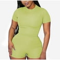 thumbnail image 2 of fartey Prime Day Deals Today Womens Bodycon 2 Piece Outfits Short Sleeve Crewneck Crop Top High Waist Casual Trousers Slim Comfy Solid Color Sets, 2 of 7