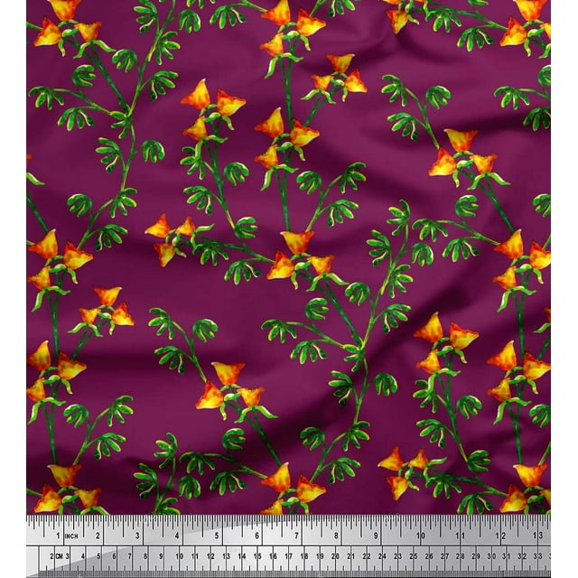 Soimoi Viscose Chiffon Fabric Flower & Leaves Watercolor Print Fabric by The Yard 42 Inch Wide
