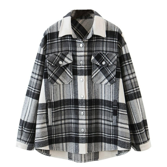 IROINNID Women's Shacket Jacket Turndown Lapel Plaid Long Sleeve Loose Casual Brushed Top Pocket Single Breasted Check Woolen Jacket, Black