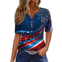 Patriotic T Shirts Womens 4Th of July Outfits Short Sleeve Henley V Neck Buttons Blouse American Flag Star Stripes Printed Funny Patriotic Graphic Tees Independence Day Dressy Clothes Summer Tops