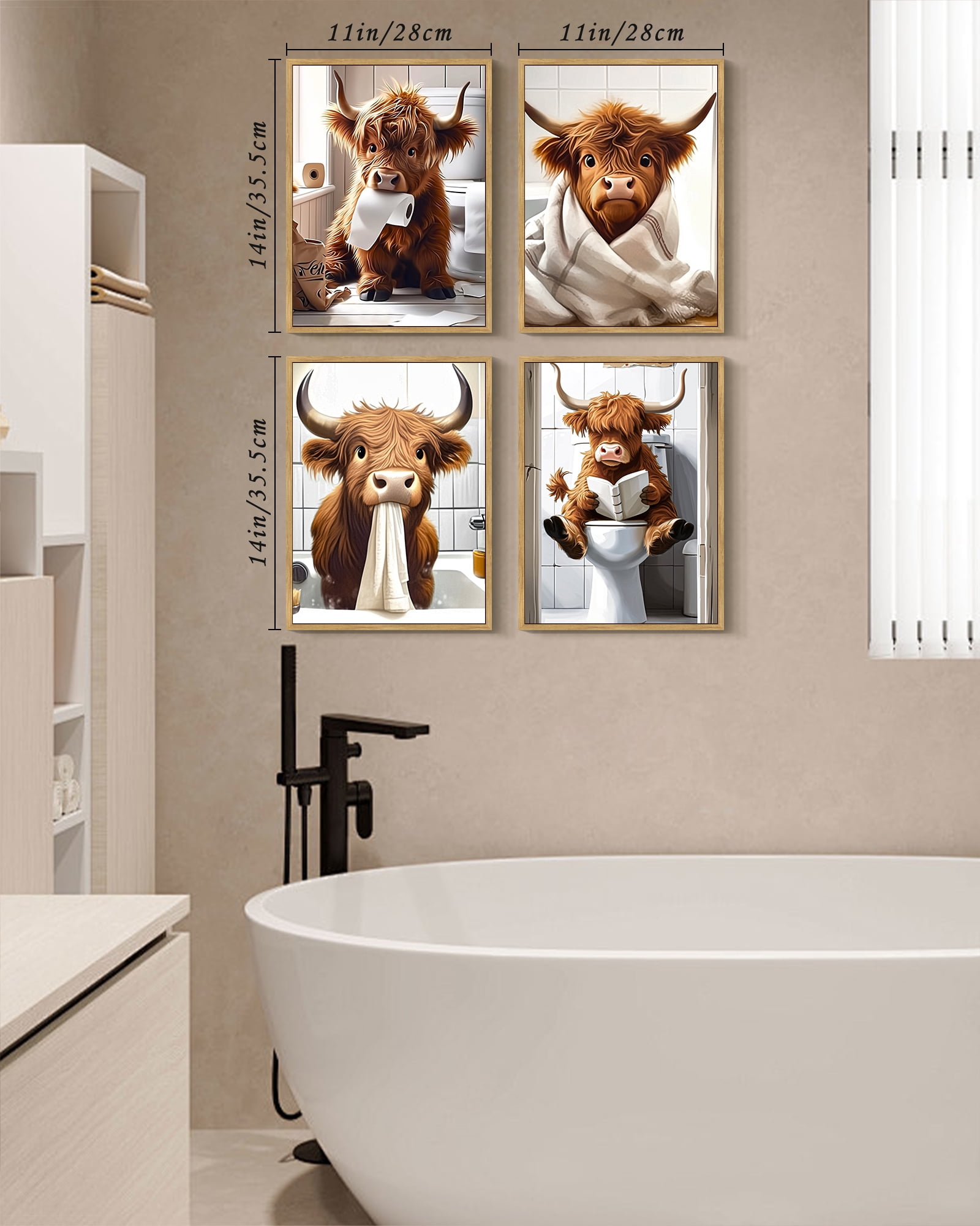Drsoum Funny Highland Cow Bathroom Wall Art Rustic Cute Bathroom Canvas Prints for Bathroom Restroom Decor 11x14in4pcs Natural Framed