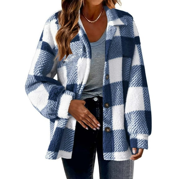 GuangCheng Jackets for Women Casual Winter Lapel Pocket Long Sleeve Plush Plaid Button Warm Jacket