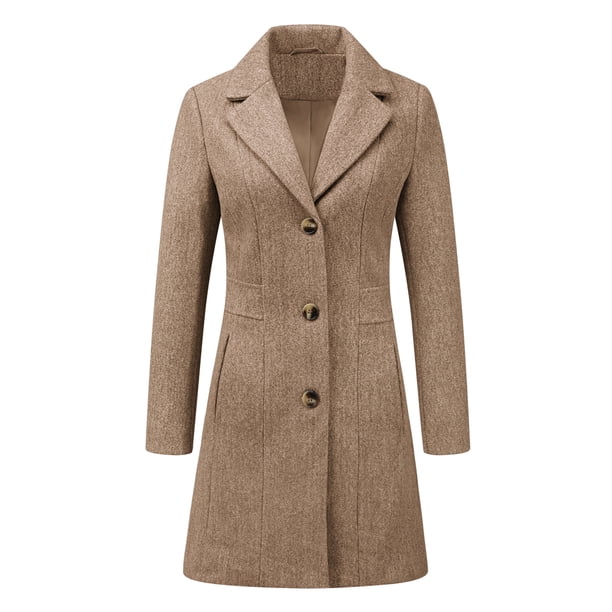 Abrigos largos de invierno con solapa con muesca y un solo pecho para mujer Beige Obscuro M