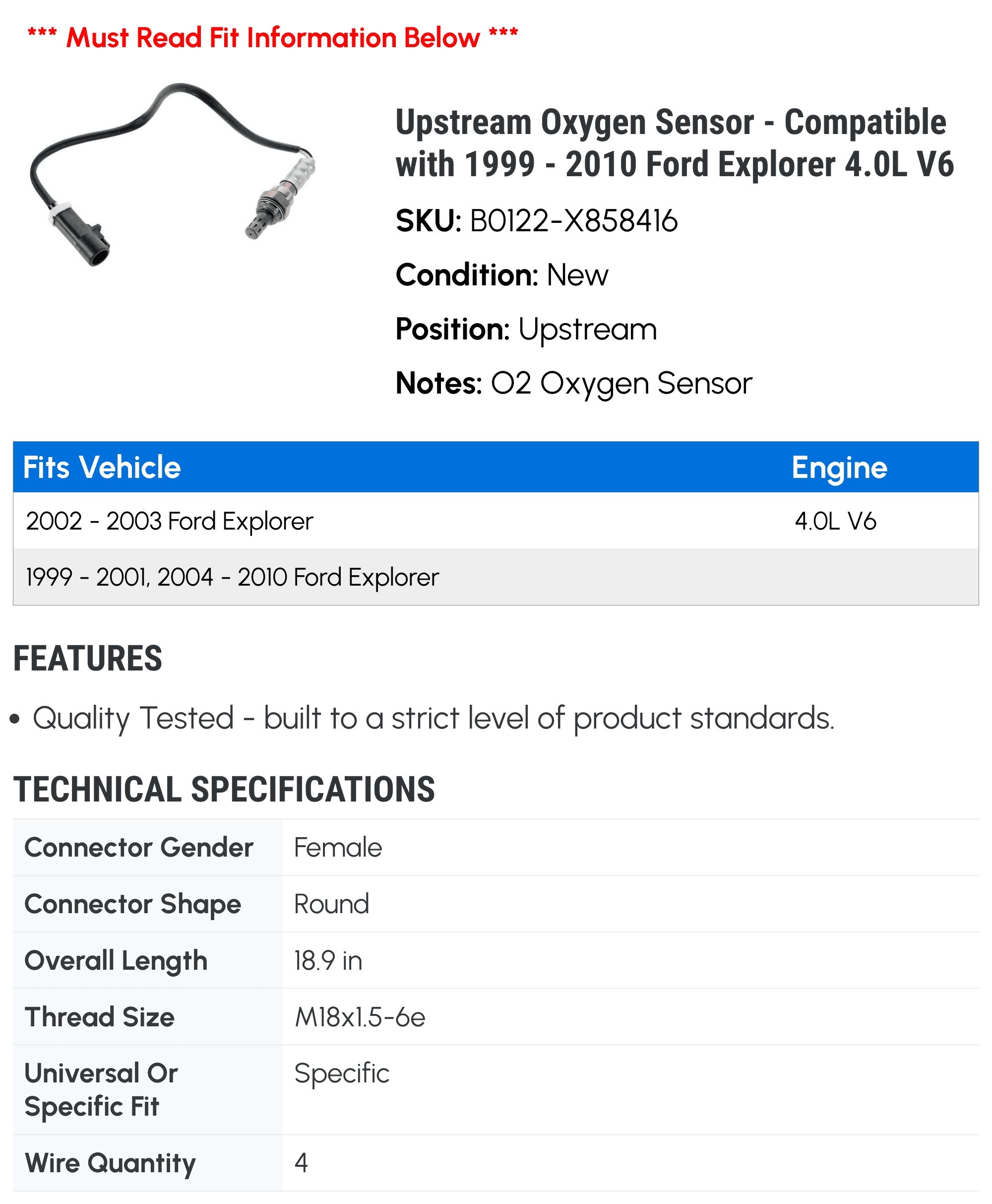 Upstream Oxygen Sensor - Compatible with 1999 - 2010 Ford Explorer 4.0L V6 2000 2001 2002 2003 2004 2005 2006 2007 2008 2009