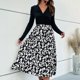 thumbnail image 5 of Vestido de mujer con nudo en la parte delantera, cuello en V, estampado con telas combinadas, una línea, dobladillo suelto, vestido de manga larga, negro S, 5 of 8
