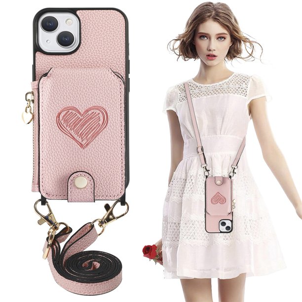 Funda de cuero con cadena de hombro para Iphone 14 Plus, 13, 12, 11 Pro Max, cartera con cremallera, tarjetas verticales, Solt, cordón, bolso cruzado Fivean unisex