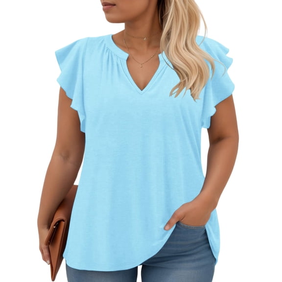 VOGRACE Plus Size Work Tops Ladies Loose Fit Floral Ruffle Short Sleeve Chic Notched V Neck Tshirts Blue 3XL