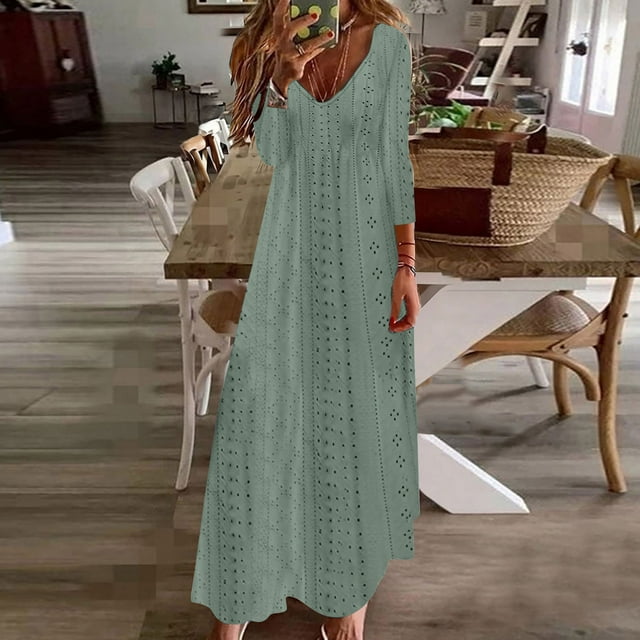Offres de Liquidation d'Automne! Robes Décontractées pour Femmes, Robe Longue Décontractée Style Vacances pour Femmes, Couleur Unie, Manches 3/4, Col en V, Vert, P
