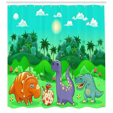 Nursery Shower Curtain Funny Dinosaurs And Tropical Rainforest