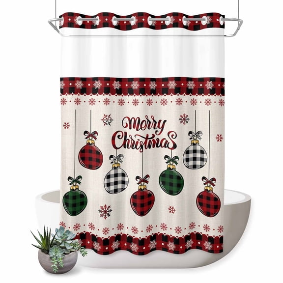 No Hook Shower Curtain with Built-in Rings - Merry Christmas Washable Waterproof Fabric Bathroom Curtains for Hotel,Rentals, Stall 48 X 72 Inch , Rustic Buffalo Plaid Xmas Balls Farmhouse