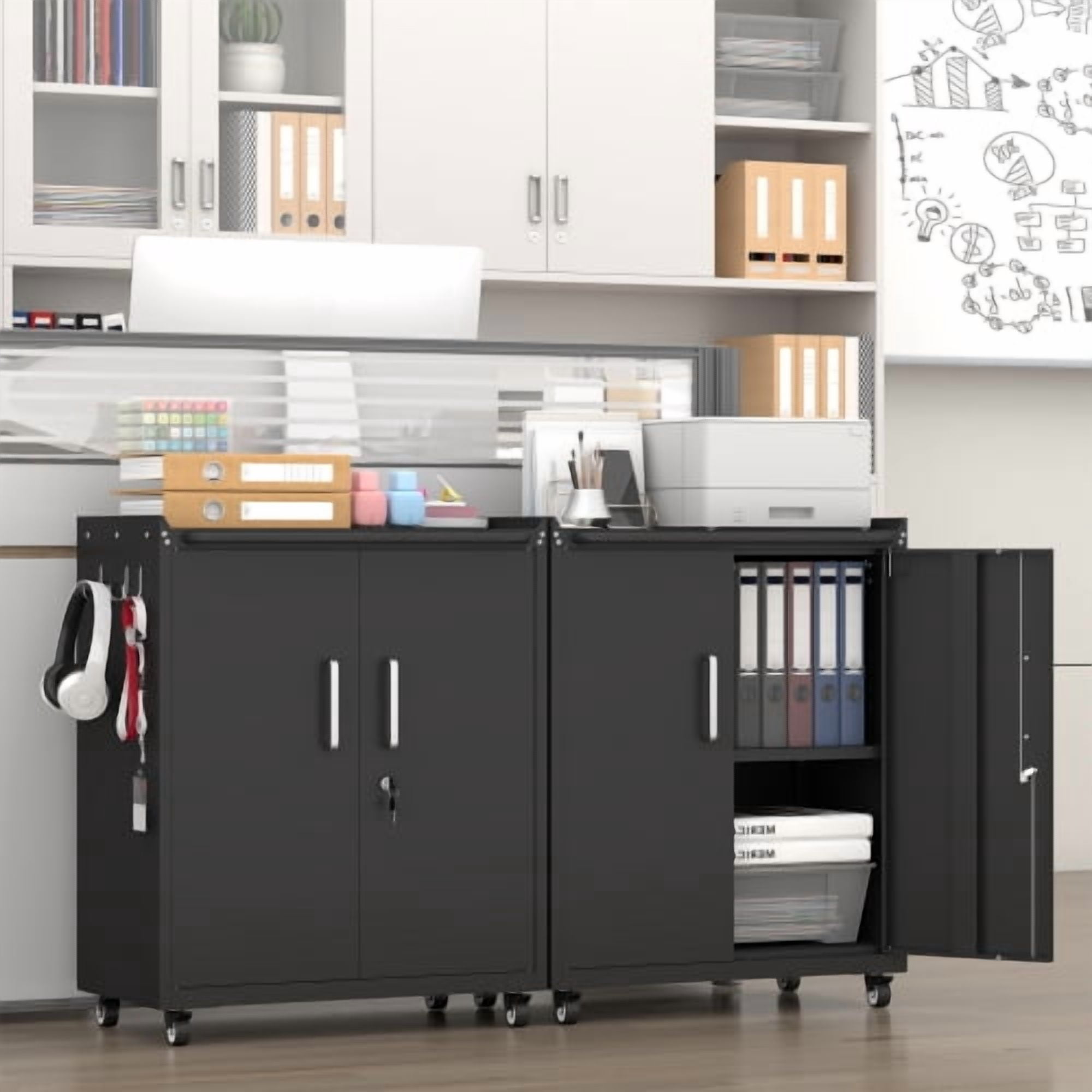 Heavy-Duty Rolling Metal Storage Cabinet with Lock & 2 Keys, Mobile Steel Tool Locker, 360° Silent Casters, Adjustable Shelf, Side Hooks & Top Guardrail for Garage, Kitchen, Entryway