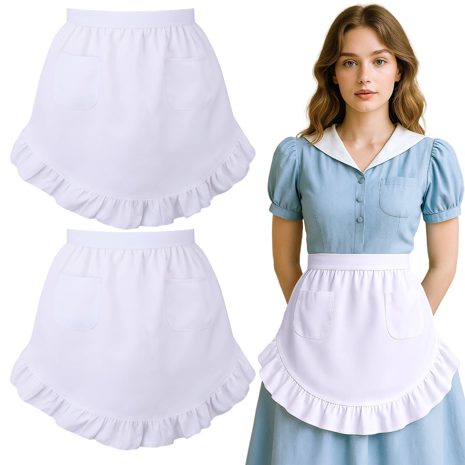 AOWOO 2 Pack White Ruffle Half Apron for Women, French Maid