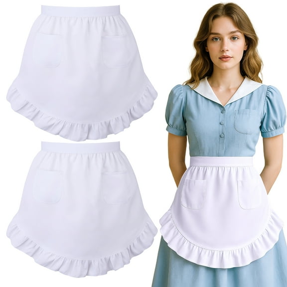 AOWOO 2 Pack Ruffle White Apron French Maid Costume, Women's Waist Apron, Retro Half Apron with Pocket for Waitress Servant Kitchen Restaurant Cooking