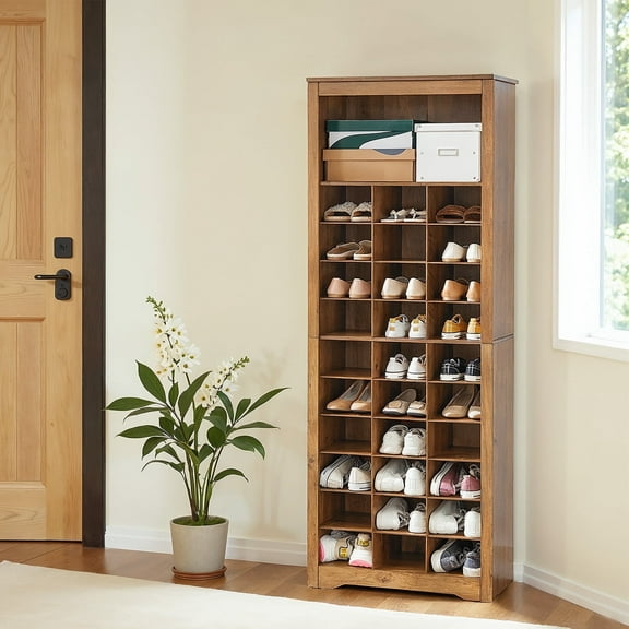LEDREM 10-Tier Shoe Storage Cabinet Organizer, Tall Space-Saving Design for Entryway, Bedroom, Holds 30 Pairs, Adjustable Shelves, Rustic Walnut