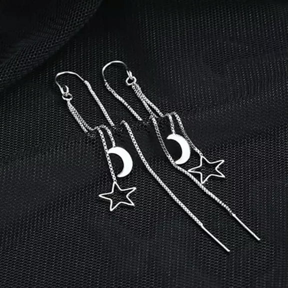 HOOUN Silver Moon Star Threader Long Tassel Earring Chain Drop Dangle Woman Earrings-silver
