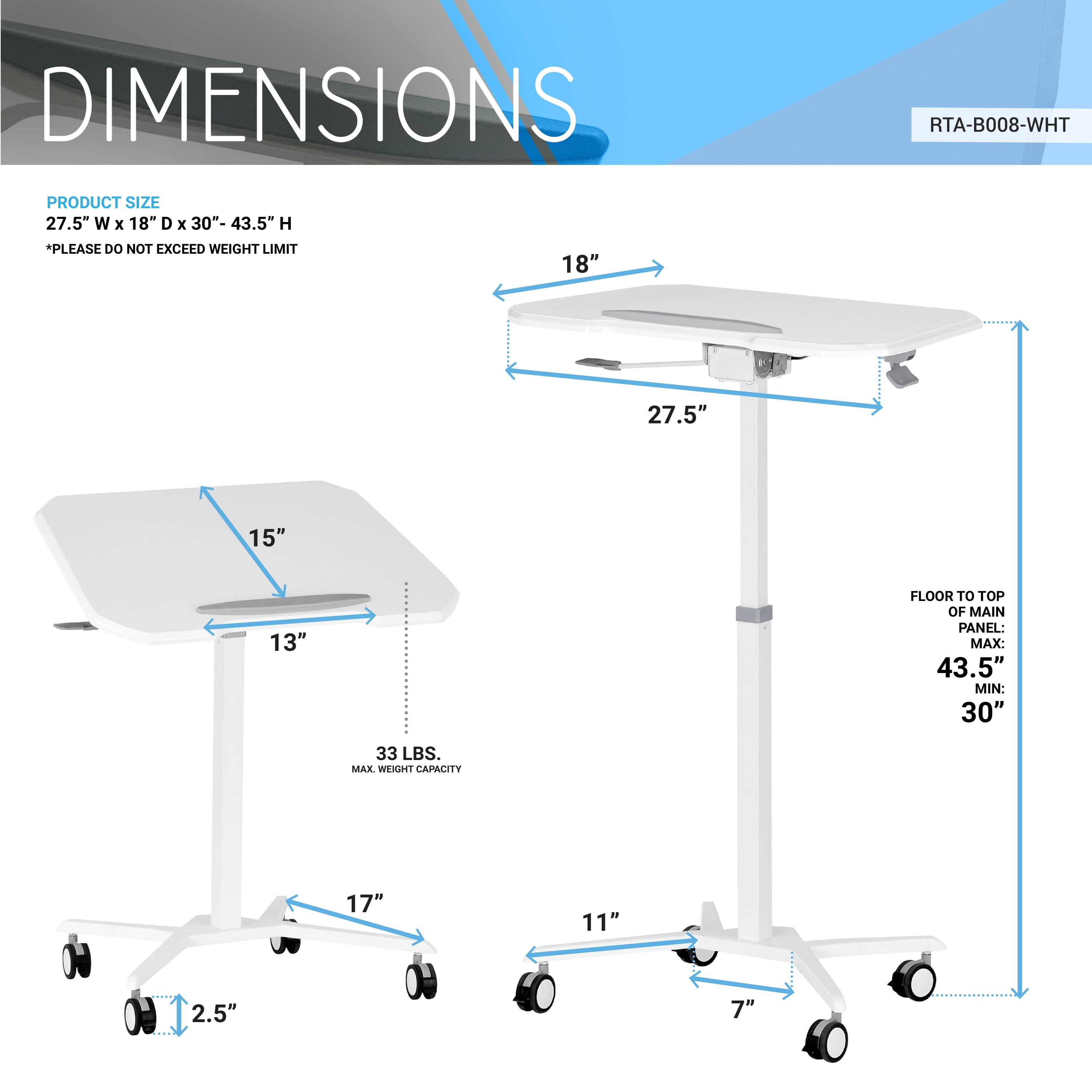 Techni Mobili White Sit to Stand Mobile Laptop Computer Stand with Height Adjustable RTA-B008-WHT