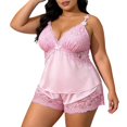 thumbnail image 2 of Binmer Plus Size Women's Satin 2 Piece Cami Pajama Set ,Sleeveless Spaghetti Strap Lace Trim Deep V Neck Top and Elastic Waist Shorts Pink,M, 2 of 8
