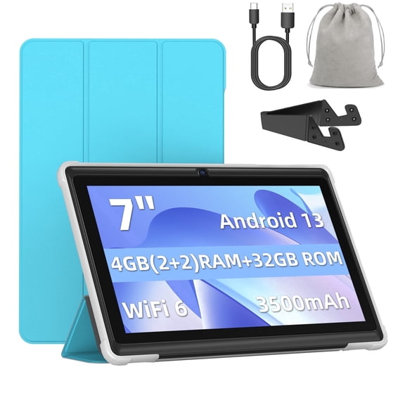 FITIFUN 7 inch Tablet Android 13 Tablets with Case, Stand, Storage Bag, 4(2 2)GB RAM 32GB ROM 1TB Expand, Quad-Core, HD IPS Display, Wifi, Dual Camera,Blue