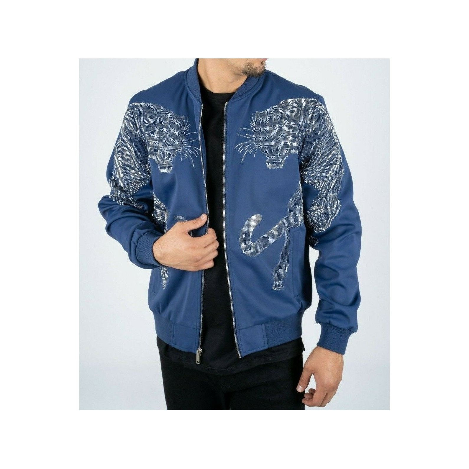 Mens Platini Bamber Jacket with Lion Rhinestone Design Zip Mens Platini Bamber Jacket with Lion Rhinestone Design Zip