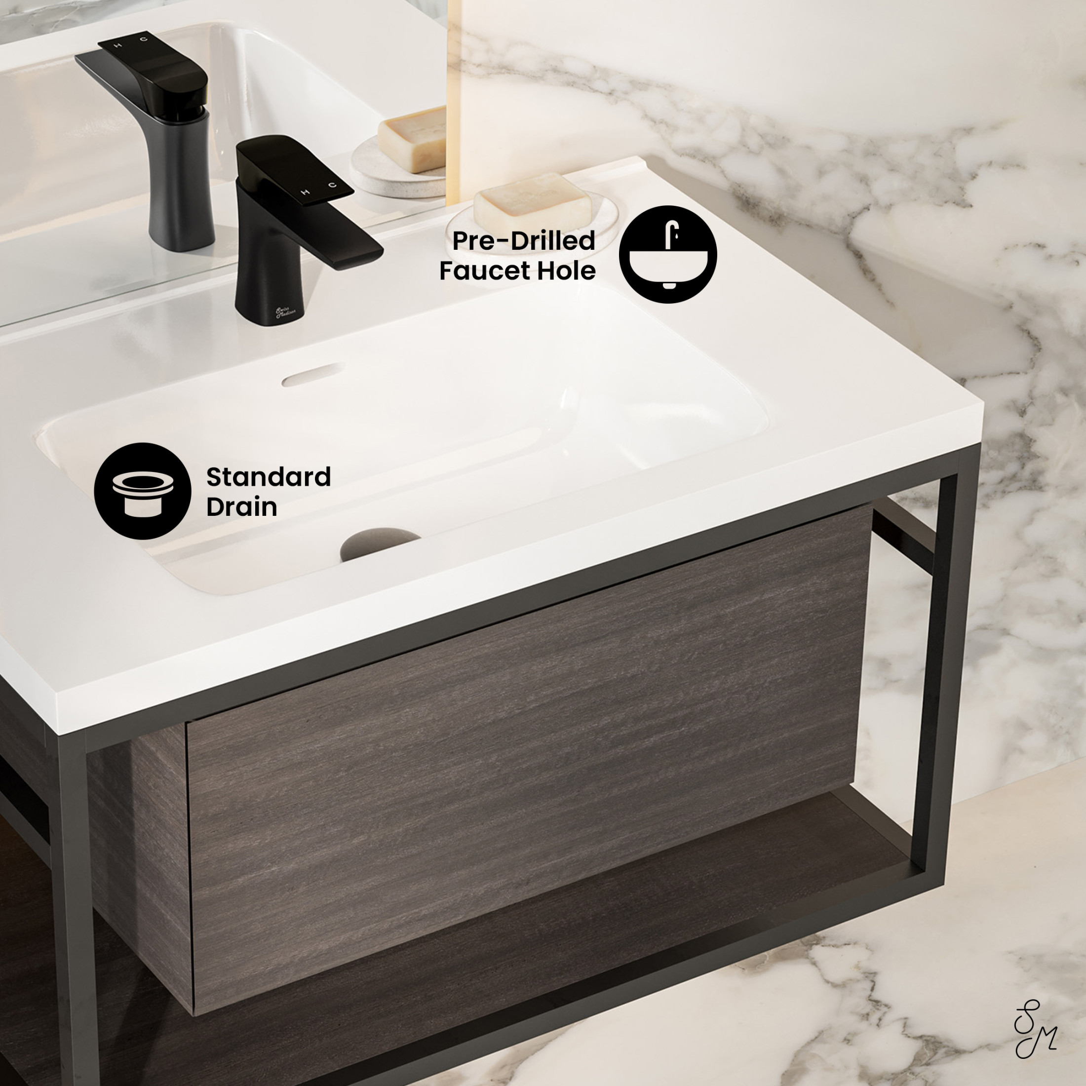 Claire 30" Wall-Mounted Bathroom Vanity in Black Oak with Sink Top