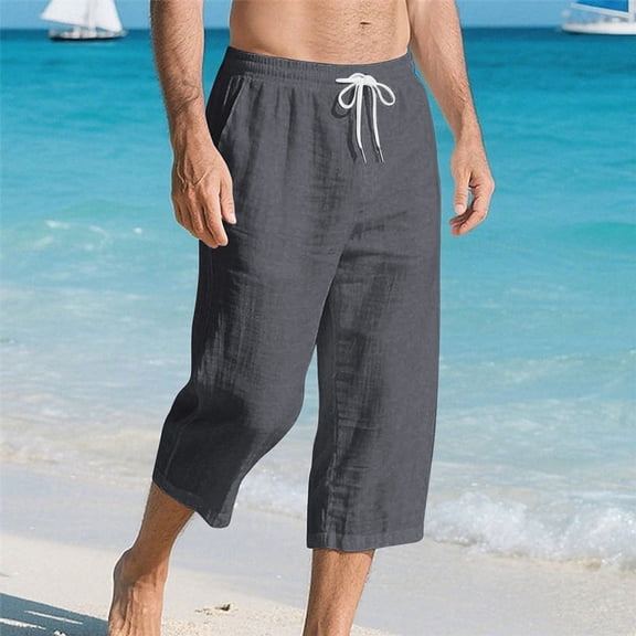 Mifsaly Men's Linen Capri Pants Drawstring Elastic Waist Loose Fit Summer Shorts Lightweight Comfortable Going Out Everyday Short Pant with Pockets