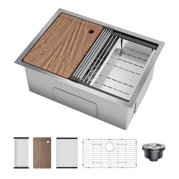 Yeshouse Fregadero de cocina de acero inoxidable bajo encimera, juego de fregadero con rejilla inferior, tabla de cortar, colador y escurridor