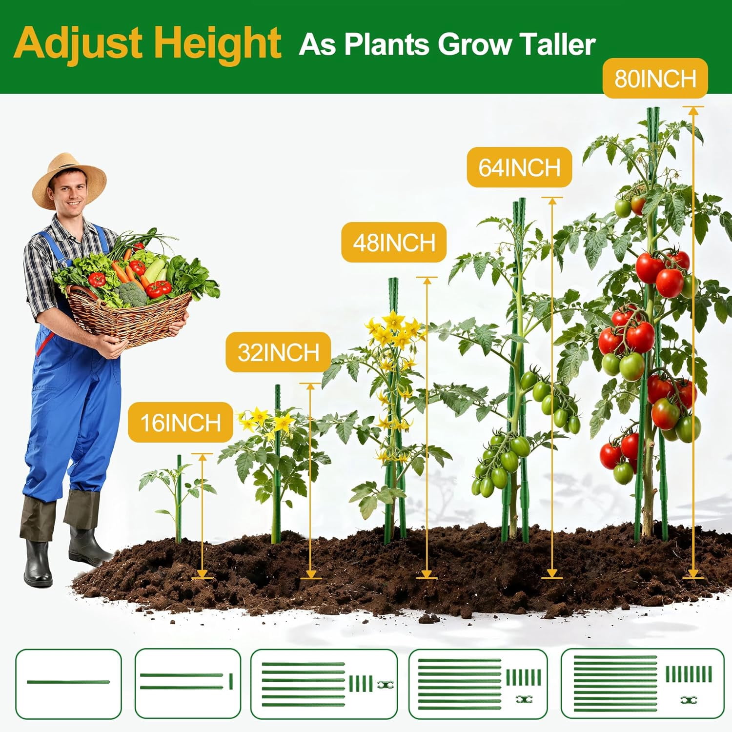 Garden Stakes16 Inch 24 Pack, Tomato cage DIY 4ft 5ft 6ft 7ft 8ft Plant Support Stakes with Connectors and Clips, Plastic Coated Metal Sticks for Tomato Indoor Outdoor