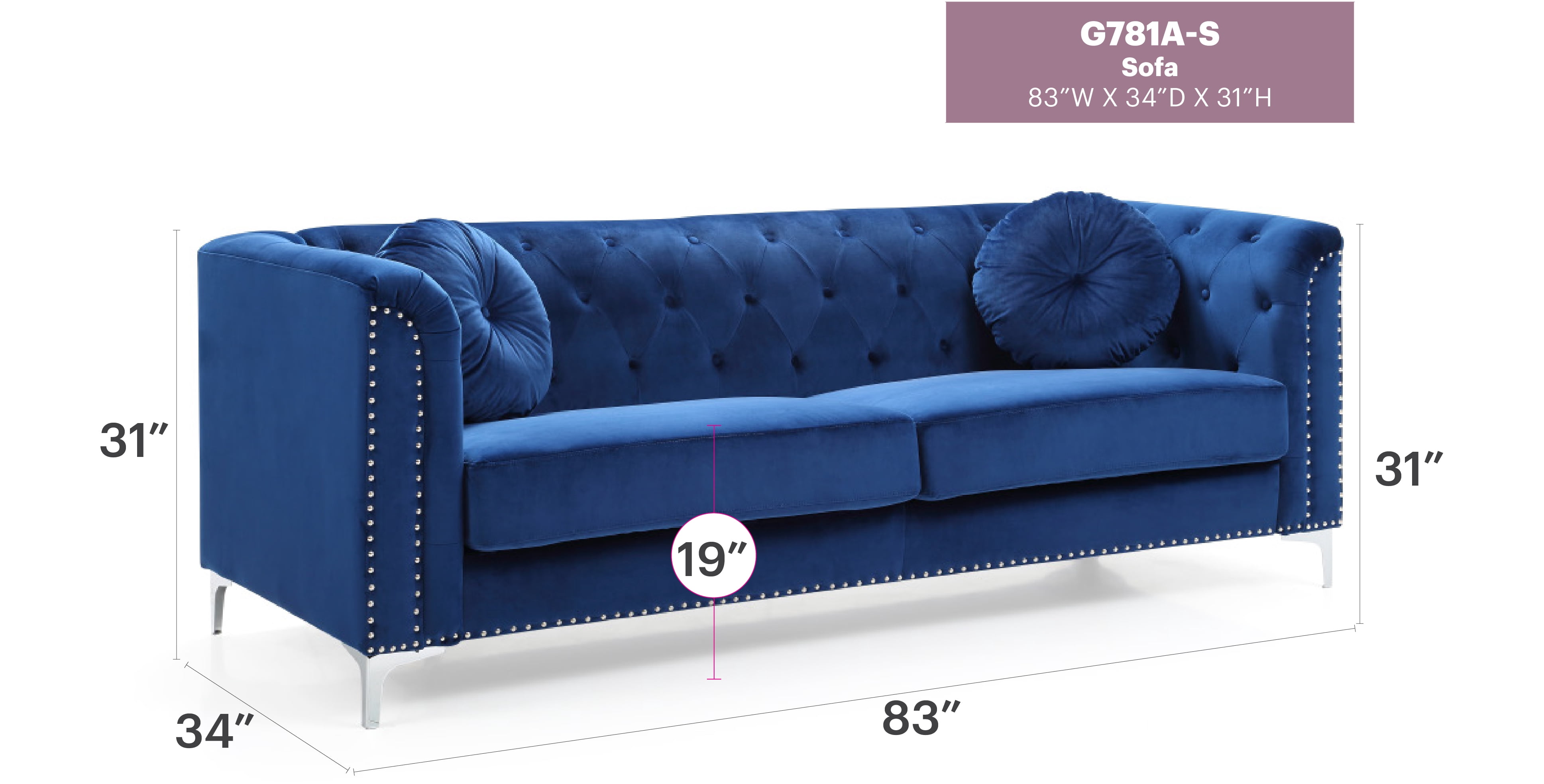 Glory Furniture Pompano Sofa in Navy Blue Color