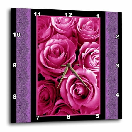 3drose, Rich Pink Rose Bouquet Surrounded by Purple Damask Ribbon Trim, 10x10 Wall Clock
