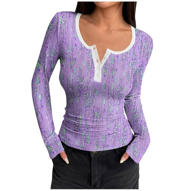 Women's Printed Square Collar Button Long Sleeve T-Shirt Ribbed Cuff Casual Stretch Base Layer Top