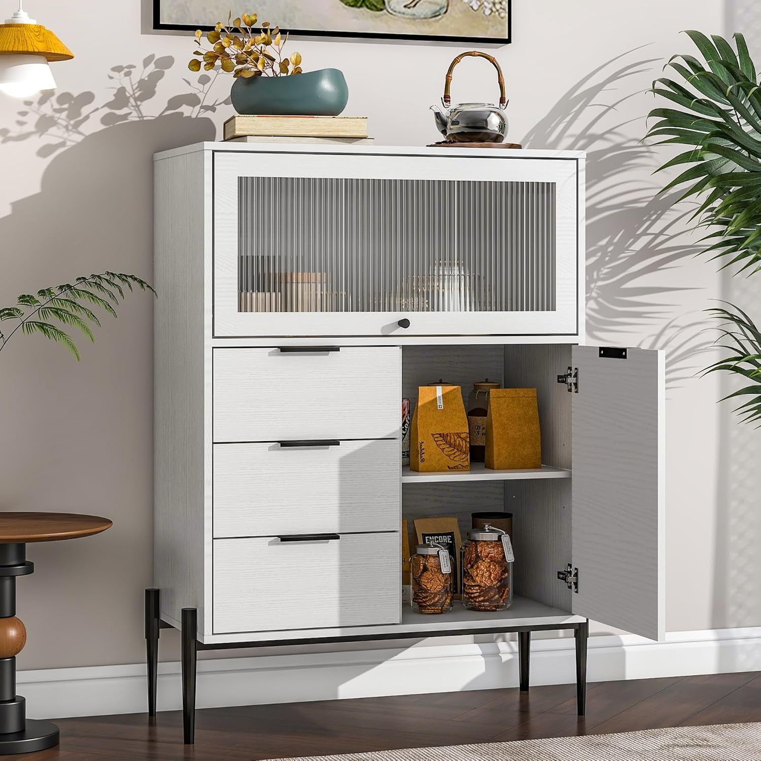 EXRACING Modern Sideboard Cabinet with 3 Drawers, 1 Solid Door & 1 Glass Door, Storage Buffet for Kitchen, Dining Room, Hallway, 33.46" W