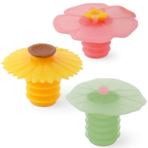 SET OF 3 Charles Viancin WINE BOTTLE STOPPERS Sunflower & Hibiscus Lily Pad 