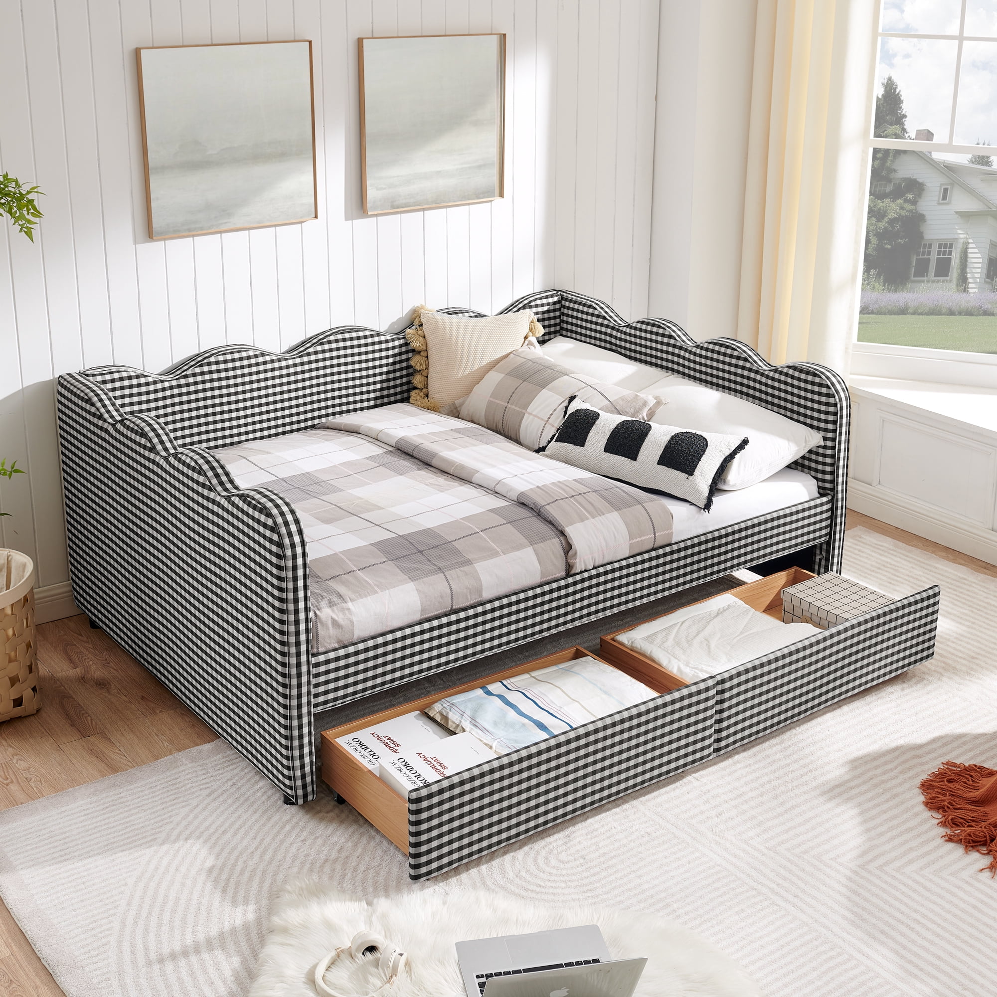 Full Size Daybed with Storage Drawers and USB Port, Upholstered Linen Sofa Bed Frame with Wave Design, Kids Guest Bed for Bedroom Living Room, Black