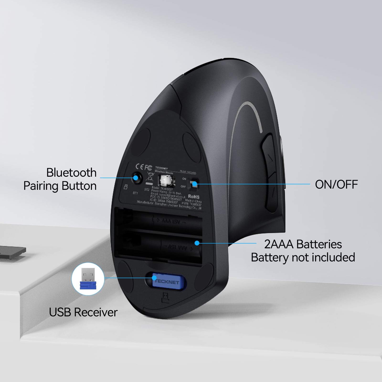 TECKNET Ergonomic Mouse, Wireless Bluetooth Vertical Mouse, 4800 DPI Optical Tracking, 6 Adjustable DPI, Quiet Clicks, 2.4GHz with USB A Receiver, 12 Months Battery, 6 Buttons, Wide Compatibility