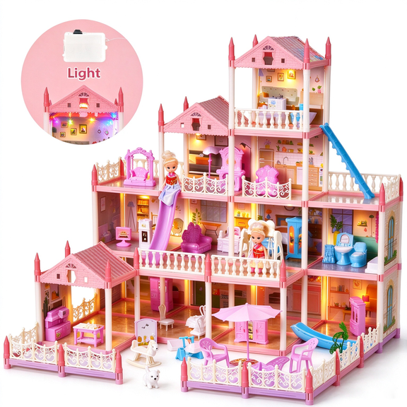 Dollhouse for Kids, 14 Rooms Doll House with Warm Light, DIY Playhouse with Furniture, Light Strip & Slide, Kids Doll House for Girls Ages 3-12, Pink