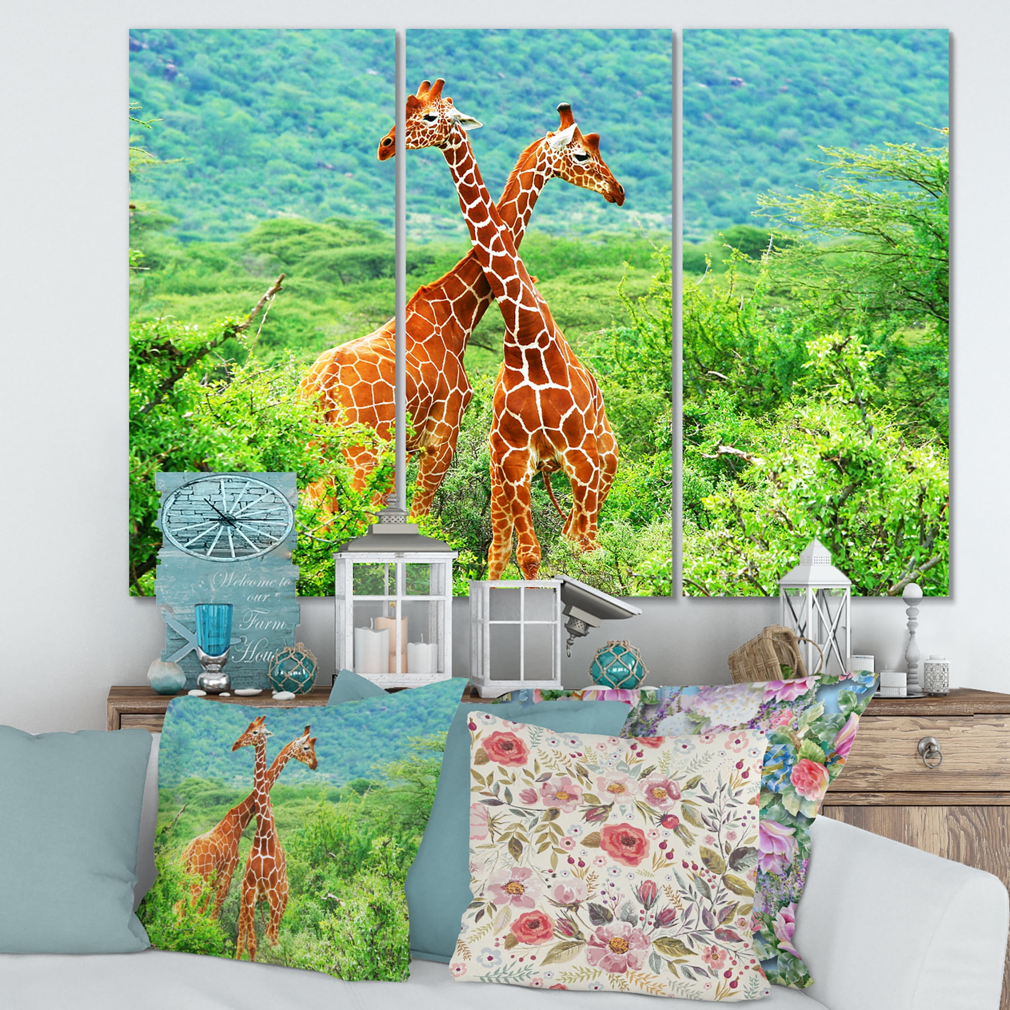 Two Giraffes Fighting In Lush Green Wild 28 in x 36 in Photography Canvas Art Print, by Designart