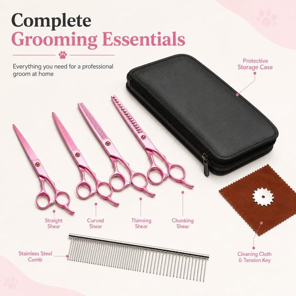 7.0 Inch Pet Grooming Scissors Set, 8-Piece Dog Grooming Shears Kit with Stainless Steel Scissors, Thinning Shears, Comb & Case for Dogs Cats Home Grooming