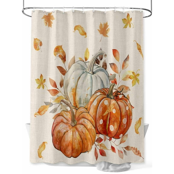 Orange Gray Pumpkins Fall Shower Curtain Set, Waterproof Shower Curtains for Bathroom, Thanksgiving Botanical Washable Fabric Cloth Bath Curtain for Bathtub Decoration with Hooks 48x72 Inches