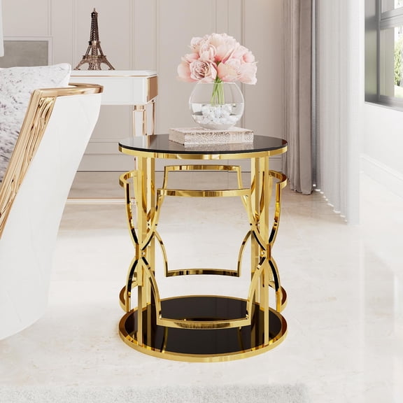 YWEN Round Gold 19.7" Side Table with Tempered Glass Top & Storage Shelf, Luxury End Table with Metal Frame for Living Room, Modern Accent Table for Small Space