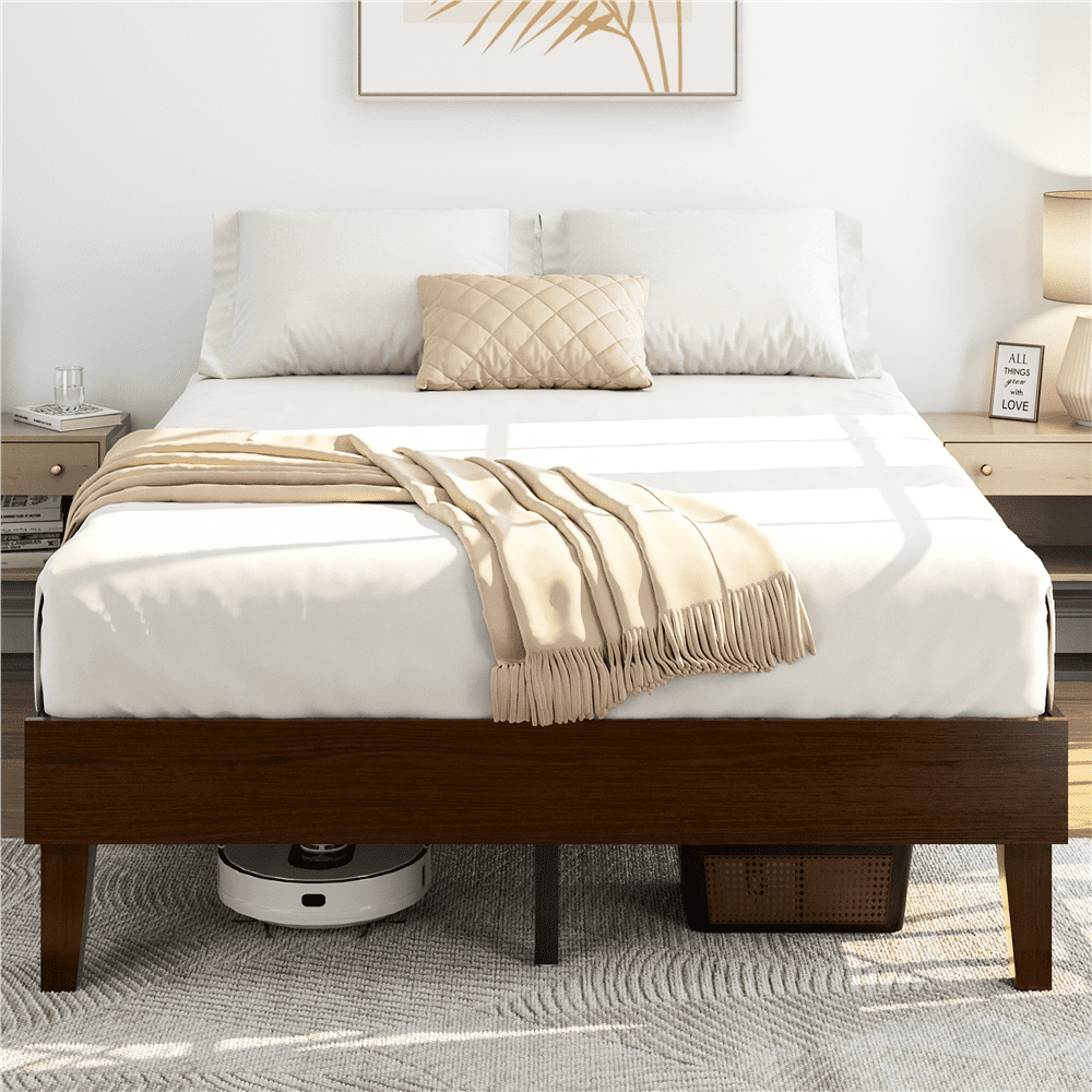 Renwick Full Size Wood Platform Bed Frame for Adult, Dark Walnut